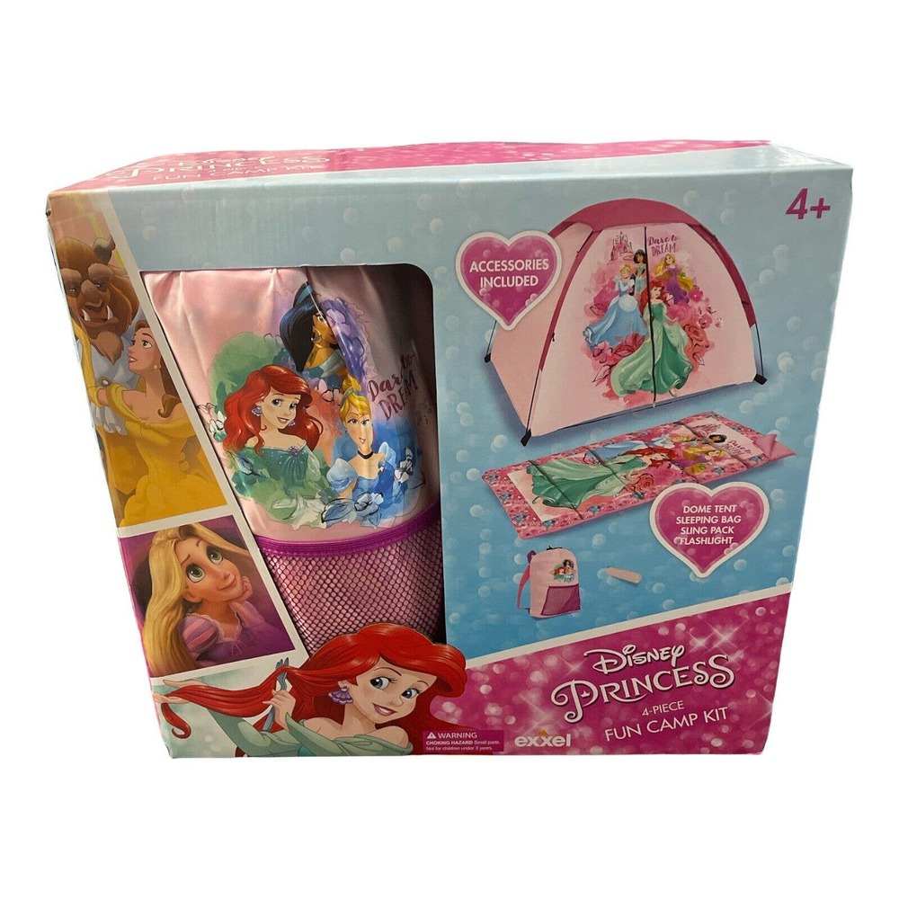 Disney Princess Kid's 4-Piece FUN CAMP KIT Dome Tent, Bag, Flashlight, Pack NWT